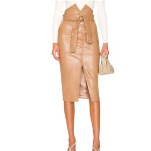 NWT Bardot Tan Faux Leather Button Midi Pencil Skirt with Tie Front
